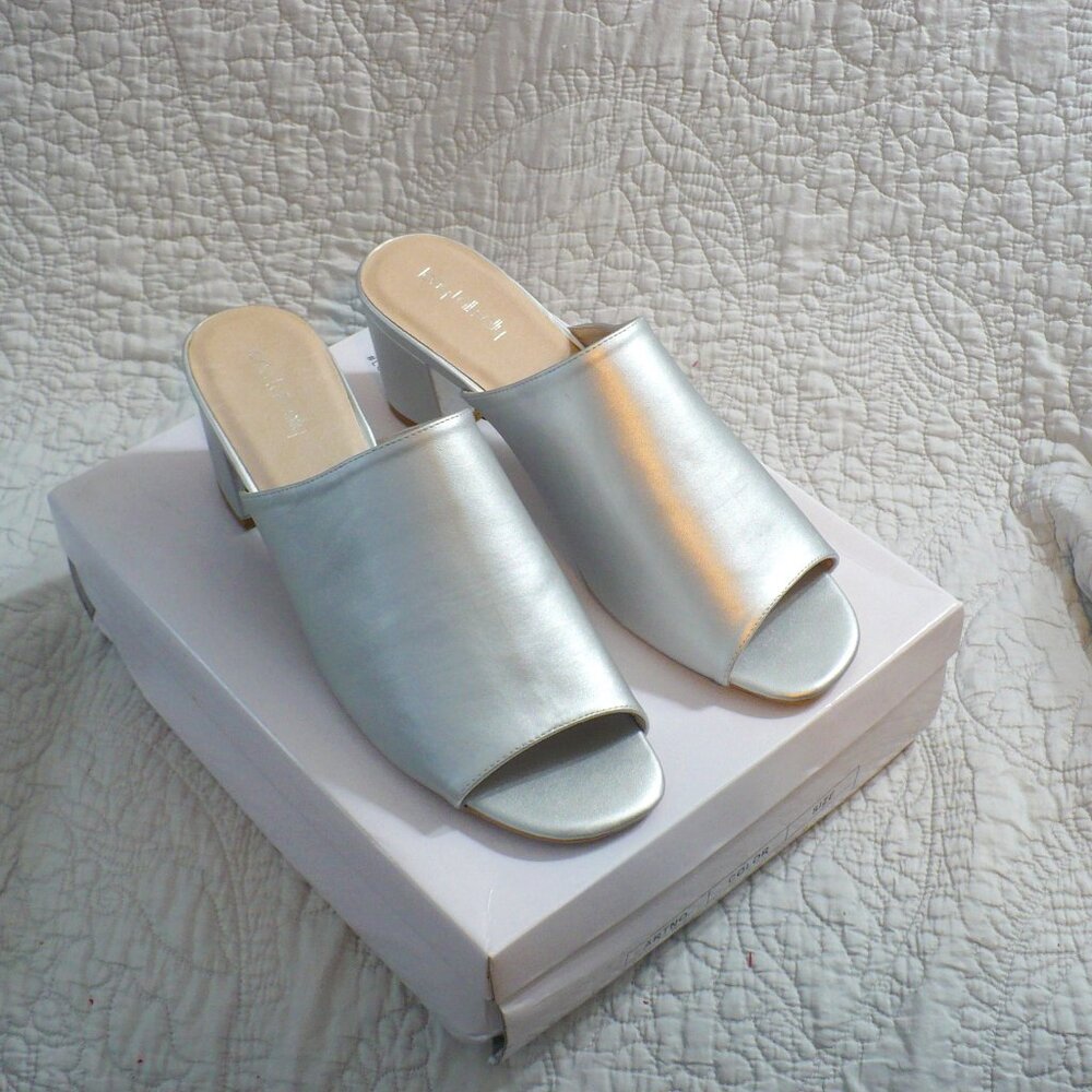 NEW IN BOX-Long Tall Sally Brand Silver Mules with 3" Block Heel- US Size 15M